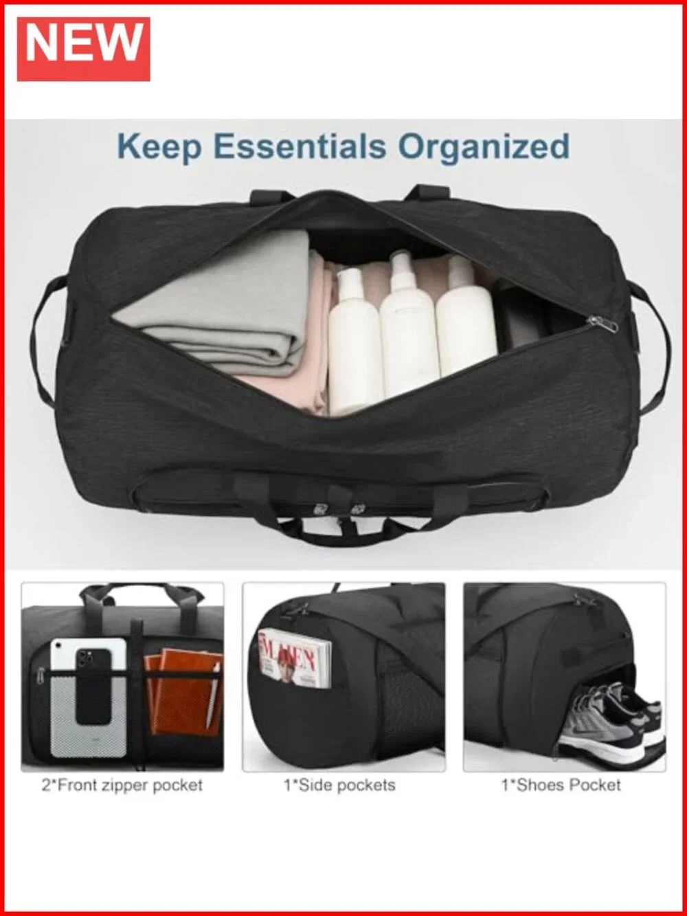 80L Extra Large Foldable Travel Duffle Bag with Shoe Compartment, Waterproof &